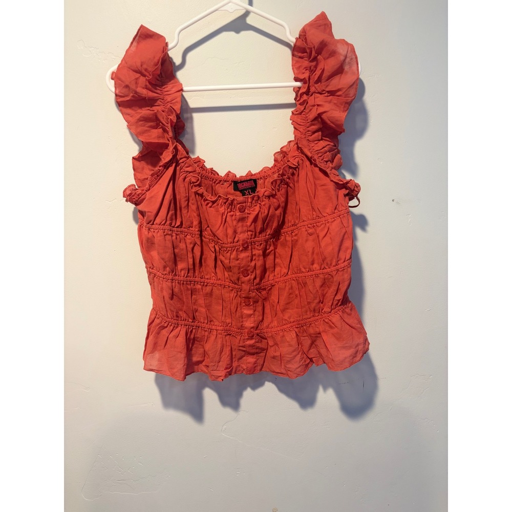 Rock & Roll Denim Womens XL Ruffle Smocked Peplum Tank Top Coral BW20T05876